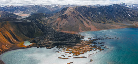 Aerial View of Volcanic Mountain and Rhyolite Hills in Icelandの写真素材