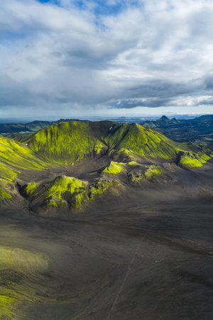 Aerial View of Moss Covered Volcanic Hills in Icelandの写真素材
