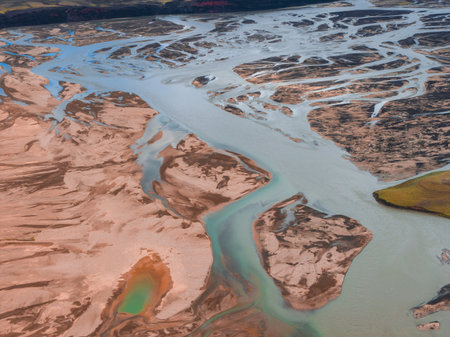 Aerial View of Braided River System in Icelands Rugged Terrain