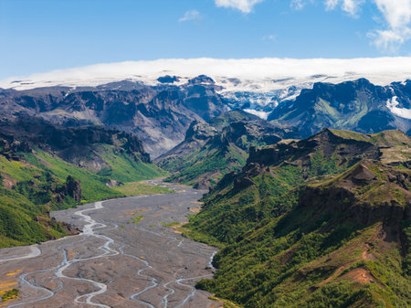Aerial View of Mulagljufur Canyon with Glacier in Icelandの写真素材