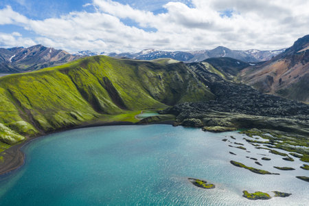 Aerial View of Turquoise Lake and Mossy Hills in Iceland