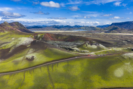 Aerial View of Volcanic Crater and Moss Covered Hills in Icelandの写真素材