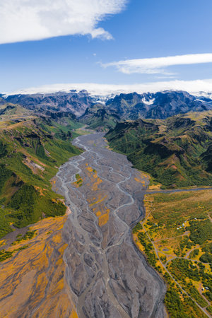 Aerial View of Braided River and Rugged Mountains in Icelandの写真素材