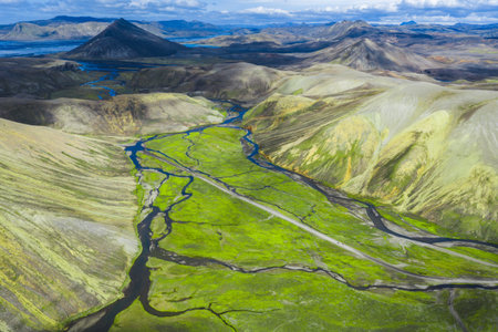 Aerial View of Icelandic Highlands with Rivers and Conical Mountainの写真素材