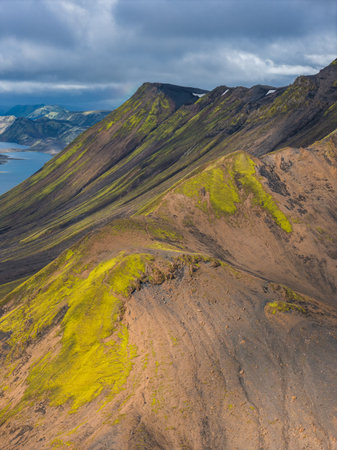 Aerial View of Multicolored Mountains and Lake in Icelandの写真素材