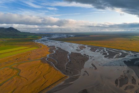 Aerial View of Braided River System and Fields in Iceland