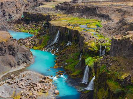 Sigoldugljufur Canyon with Turquoise Waters and Waterfalls in Icelandの写真素材