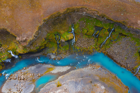 Aerial View of Sigoldugljufur Canyon with Turquoise River and Waterfallsの写真素材