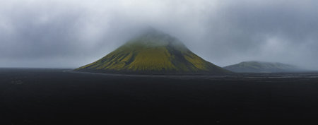 Aerial View of a Volcanic Mountain with Green Moss in Iceland