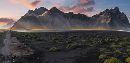 Aerial View of Stokksnes Peninsula with Vestrahorn Mountains at Sunsetの写真素材