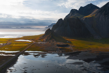 Aerial View of Vestrahorn Mountains and Stokksnes Peninsula in Icelandの写真素材