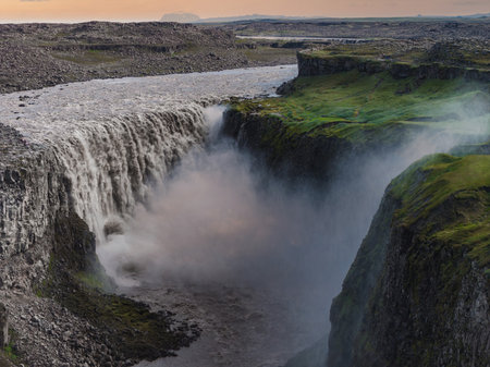 Aerial View of Dettifoss Waterfall and Surrounding Canyon in Iceland
