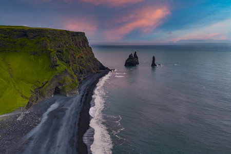Aerial View of Reynisfjara Black Sand Beach and Reynisdrangar Sea Stacks