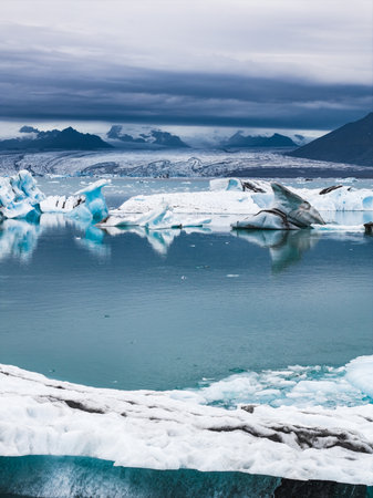 Aerial View of Jokulsarlon Glacier Lagoon with Icebergs and Glacier