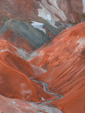 Aerial View of Multicolored Rhyolite Mountains in Landmannalaugar
