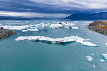 Aerial View of Jokulsarlon Glacier Lagoon with Floating Icebergs