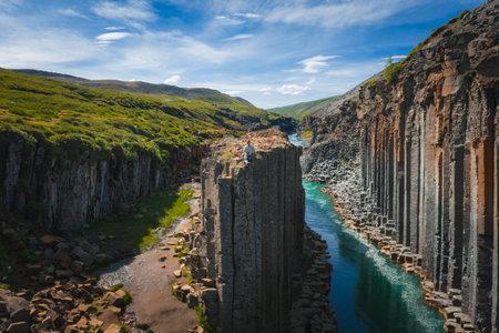 Studlagil Canyon with Basalt Columns and Turquoise River in Iceland