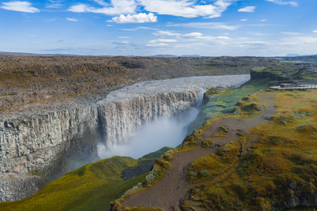 Aerial View of Dettifoss Waterfall and Surrounding Landscape in Icelandの写真素材