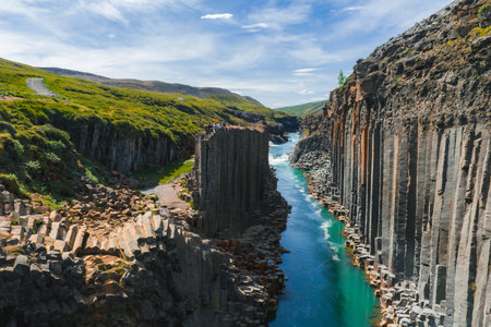 Aerial View of Studlagil Canyon with Basalt Columns and Turquoise River
