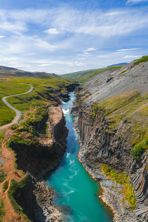 Aerial View of Studlagil Canyon with Turquoise River in Iceland