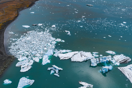 Aerial View of Jokulsarlon Glacial Lagoon with Floating Icebergs