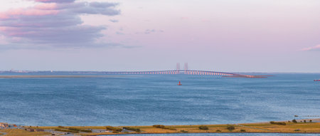 Aerial View of Oresund Bridge Connecting Denmark and Sweden at Sunsetの写真素材