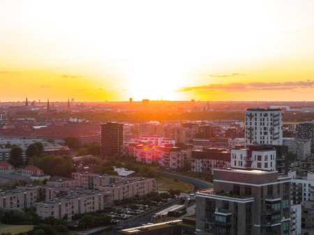 Aerial View of Copenhagen at Sunset with Historic and Modern Landmarksの写真素材