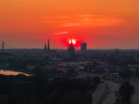 Sunset Silhouette of Latvian Academy of Sciences and Riga Skylineの写真素材