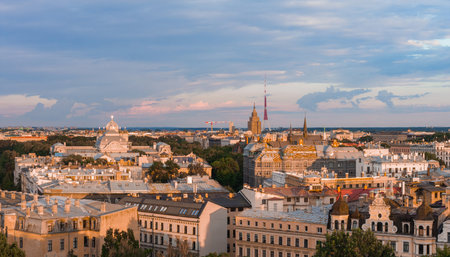 Sunset View of Riga with TV Tower and Jugendstil Architecture