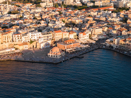 Aerial View of Chania Town and Harbor at Sunset, Crete, Greeceの写真素材