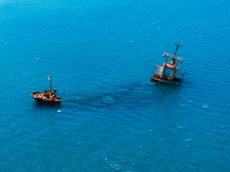Aerial View of Shipwreck in Clear Waters of Creteの写真素材