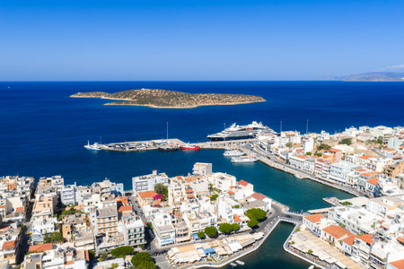 Aerial View of Agios Nikolaos with Harbor and Mediterranean Seaの写真素材