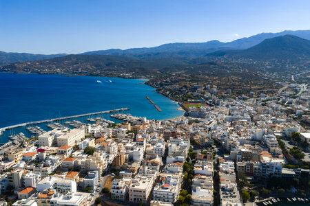 Aerial View of Agios Nikolaos with Marina and Turquoise Watersの写真素材