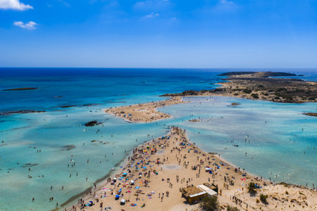 Aerial View of Elafonisi Beach with Sandbar and Turquoise Watersの写真素材