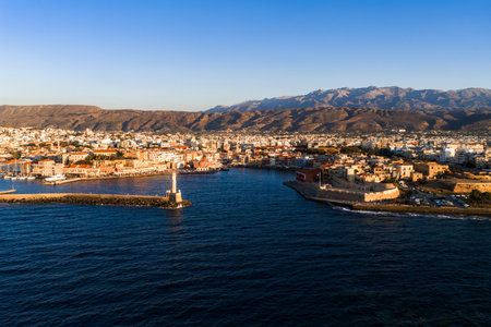 Aerial View of Chania Town and Harbor at Sunsetの写真素材
