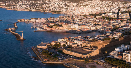 Aerial View of Chania Town and Venetian Harbor at Sunsetの写真素材