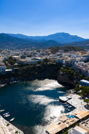 Aerial View of Agios Nikolaos and Lake Voulismeni in Crete, Greeceの写真素材