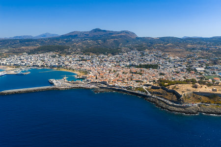 Aerial View of Rethymno Town, Harbor, and Venetian Fortezza in Creteの写真素材