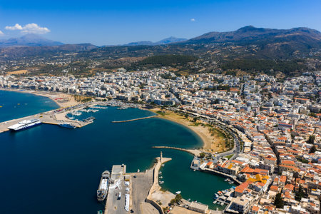 Aerial View of Rethymno Town, Harbor, and Beach in Crete, Greeceの写真素材