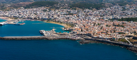 Aerial View of Rethymno Town, Crete, with Venetian Harbor and Lighthouse