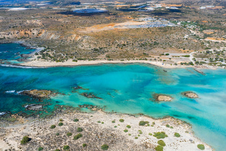 Aerial View of Elafonisi Beach with Turquoise Waters and Rocky Isletsの写真素材