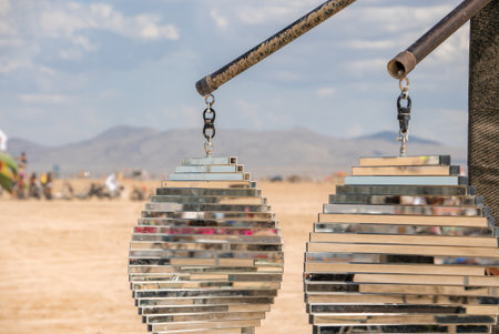 Reflective Teardrop Art Installations in Nevada Desert Landscapeの写真素材