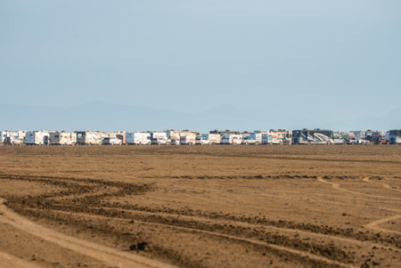 Wide Desert View with RVs and Temporary Structures at Burning Manの写真素材
