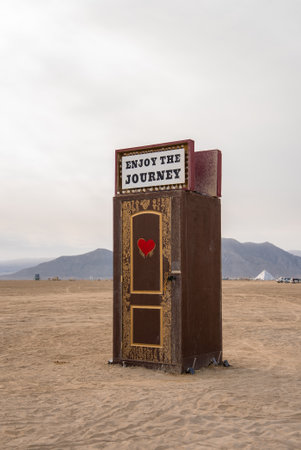 Artistic Door Installation with Heart Symbol in Nevada Desertの写真素材