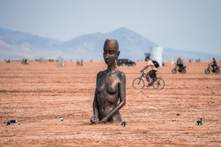 Humanoid Art Installation in Nevada Desert at Burning Man Festivalの写真素材