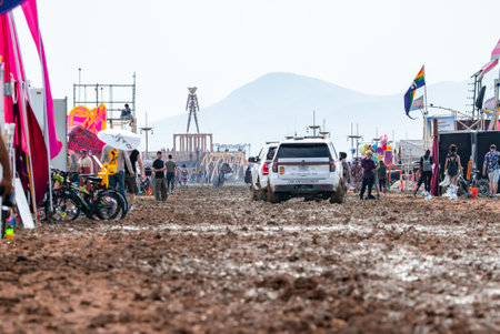 Muddy Road with Art Installations at Burning Man Festival