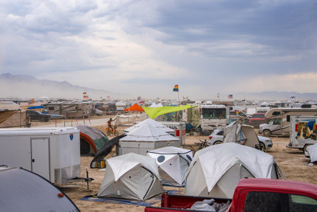 Campsite with Tents and Trailers in Nevada Desertの写真素材