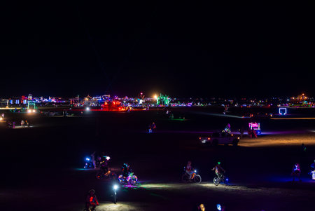 Nighttime Scene with Glowing Art Installations at Burning Manの写真素材