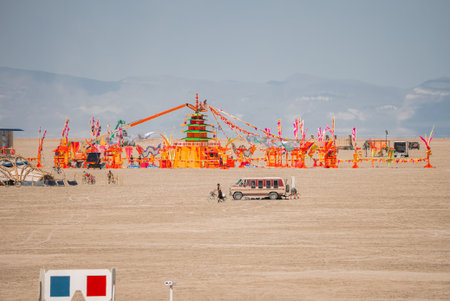 Colorful Art Installation with Flags at Burning Man 2025 in Nevada Desertの写真素材