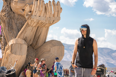Close Up of Wooden Human Sculpture at Burning Man Festival 2025の写真素材